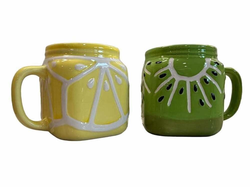 Ceramic Fruit Themed Mugs Lemon and Kiwi Set of 2